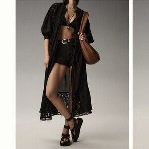 Anthropologie Mixed Lace Crochet Duster Black Open Front Cardigan OSFM OB1934122